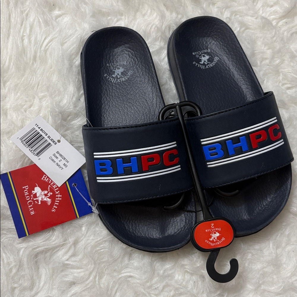 NWT Beverly Hills Polo Club Navy Blue Youth Size 2 Slide On Sandals